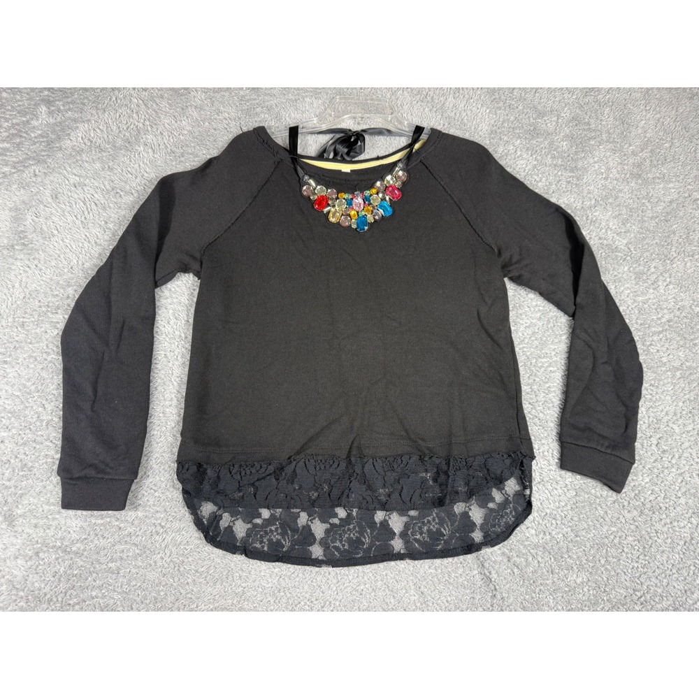 Xhilaration Sweatshirt Womens Large Black y2k Lace Hem Jewel Necklace Top